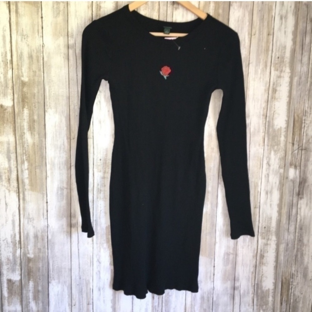 NWT Wild Fable Black Rose Embroidered Ribbed Dress